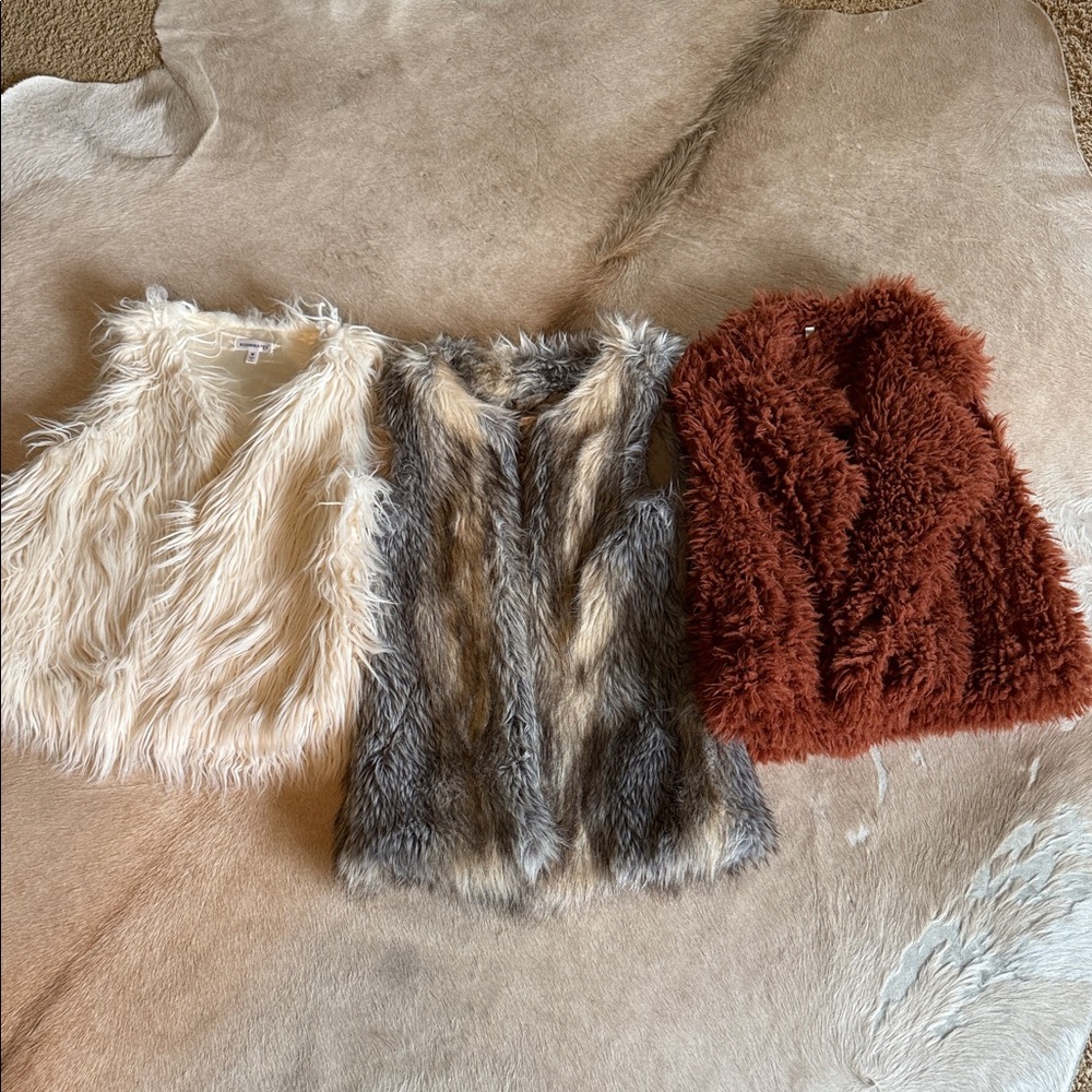 Trio of Faux Fur Vests in Cream, Gray, and Rust